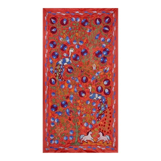 Red Suzani Embroidered Wall Hanging With Peacocks – Silk Cotton Boho Textile 3'4'' X 6'1'' For Sale