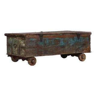 Antique Indian Painted Teakwood Blanket Chest/Coffee Table For Sale