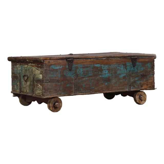 Antique Indian Painted Teakwood Blanket Chest/Coffee Table For Sale