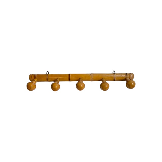 Antique French Provincial Faux Bamboo Wall Rack – 5 Peg Wooden Coat & Hat Hook For Sale - Image 4 of 14