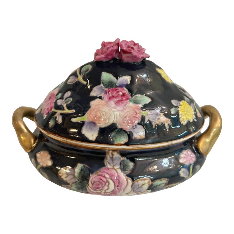 Vintage Early Fitz And Floyd Famille Noir Lidded Trinket Dish With Roses And Gold Handles