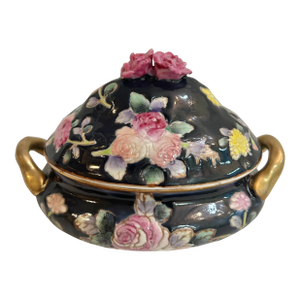 Vintage Early Fitz and Floyd Famille Noir Lidded Trinket Dish With Roses and Gold Handles