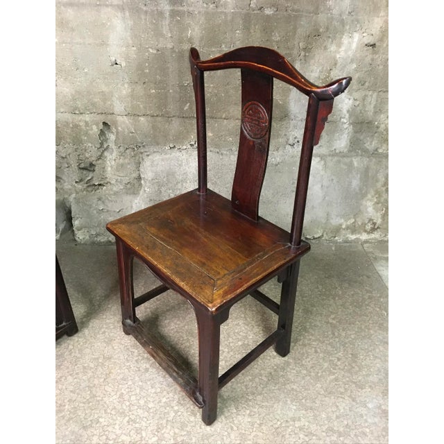 Oxblood Red Pair of Antique Chinese Yoke-Back “Official’s Hat” Chairs — Elmwood or Cypress, Oxblood Lacquer Finish For Sale - Image 8 of 10