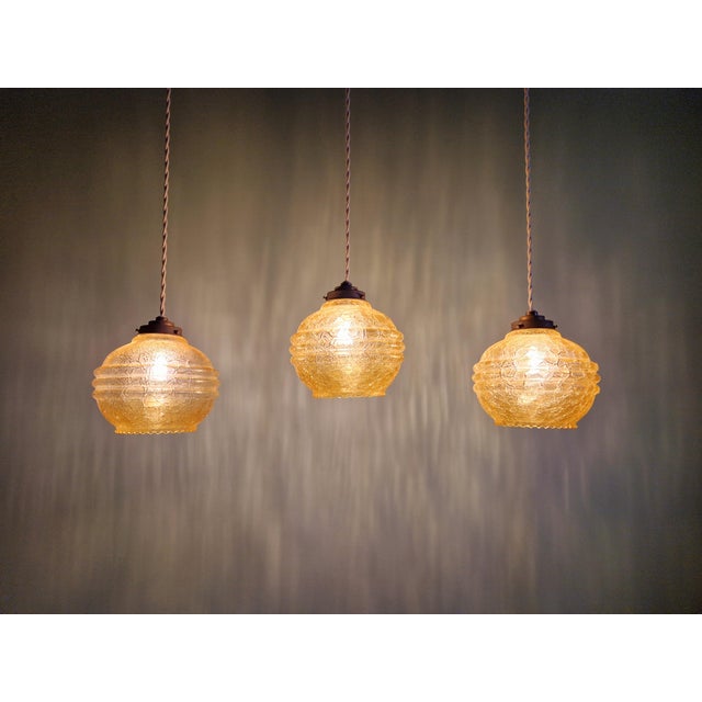 Art Deco Pendant Lights in Amber Cracked Glass, 1920s, Set of 3 For Sale - Image 13 of 13