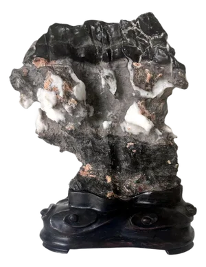 19th Century Chinese Black Lingbi Scholar Stone with White Crystal on Display Stand
