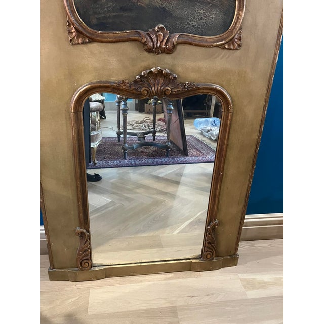 French Antique French Trumeau Mirror With Oil Painting — 18th Century Style, 67" × 35" For Sale - Image 3 of 10