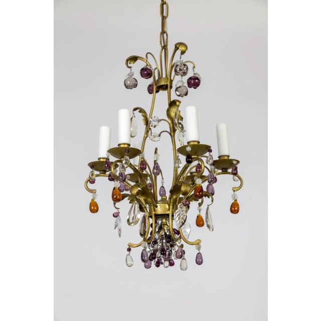 French 1940s Gilt Purple & Amber Fruit Crystal Chandelier For Sale - Image 3 of 12