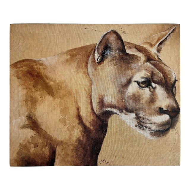 1980 Original Oil on Canvas Painting Mountain Lion by American Wildlife Artist Della Mazy For Sale