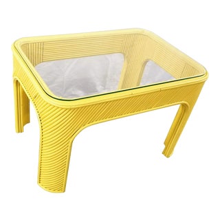 1970s Large Yellow Pencil Reed Bamboo & Glass Coffee or Occasional Table For Sale