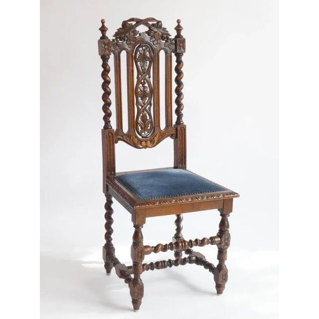 Antique Renaissance Wooden Chair with Blue Velvet Seat For Sale - Image 4 of 11