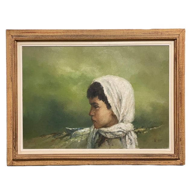 Green William Weintraub, Large Israeli Expressionist Orientalist Oil Painting Draped Child Kibbutz Art, 1965 For Sale - Image 8 of 8