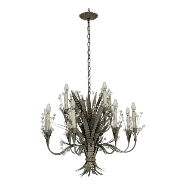 Remains Lighting "Plume" Antique Nickel & Glass 12-Arm Chandelier, Labeled For Sale