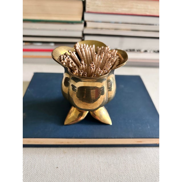 Hollywood Regency Vintage Solid Brass Flower Match Holder and Toothpick Cup For Sale - Image 3 of 12