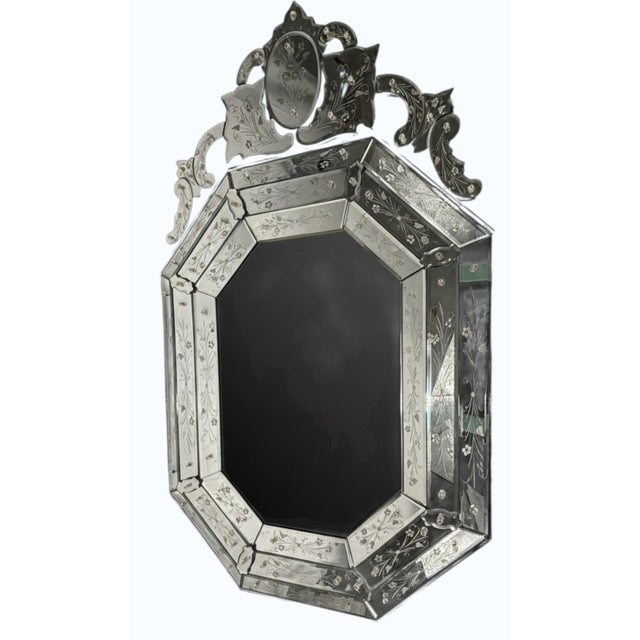 Glass Antique or Vintage Octagonal Venetian Etched Glass Mirror With Etched Floral Design For Sale - Image 7 of 18