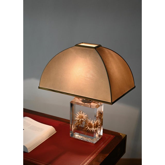 Beveled Acrylic Glass with Thistles Table Lamp with Silk Shade by Pierre Giraudon, 1970s For Sale - Image 6 of 18
