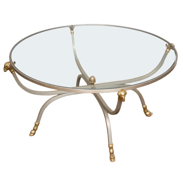French French Mid-Century Round Coffee or Low Table With Steel Base and Glass Top For Sale - Image 3 of 14