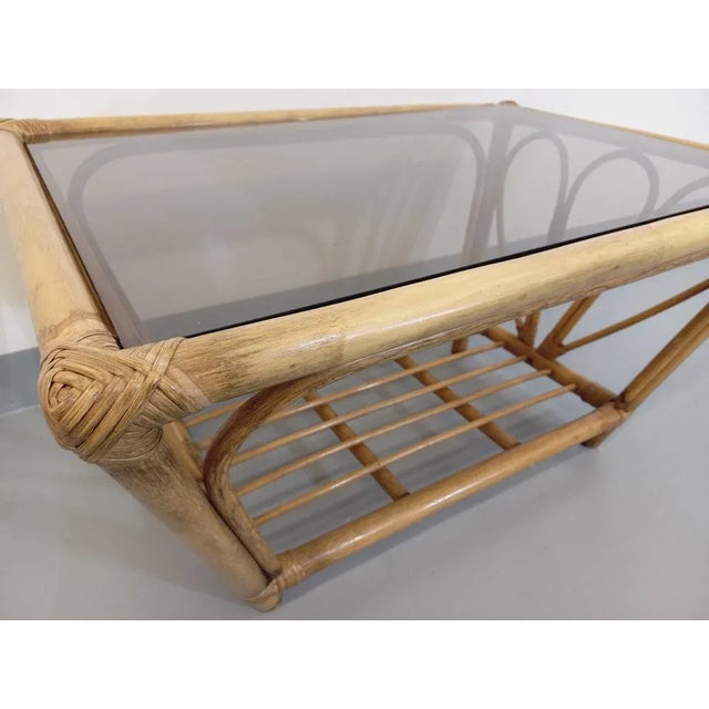 Wood Vintage Smoked Glass and Rattan Coffee Table, 1970s For Sale - Image 7 of 11