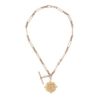 Antique Victorian Paperclip Necklace 9k Rose Gold 18.5" Watch Chain Medallion For Sale