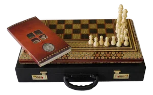 Geometric Marquetry Chess & Backgammon Set, Black, Red and Gold, One-of-One