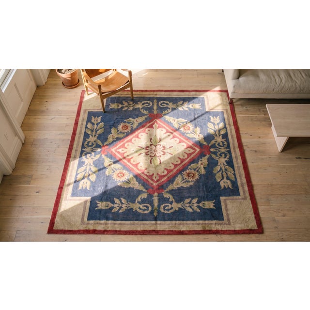 1930s Blue Medallion Antique French European Art Deco Carpet 8'5" X 10'5" Knotted Wool Rug For Sale - Image 12 of 14