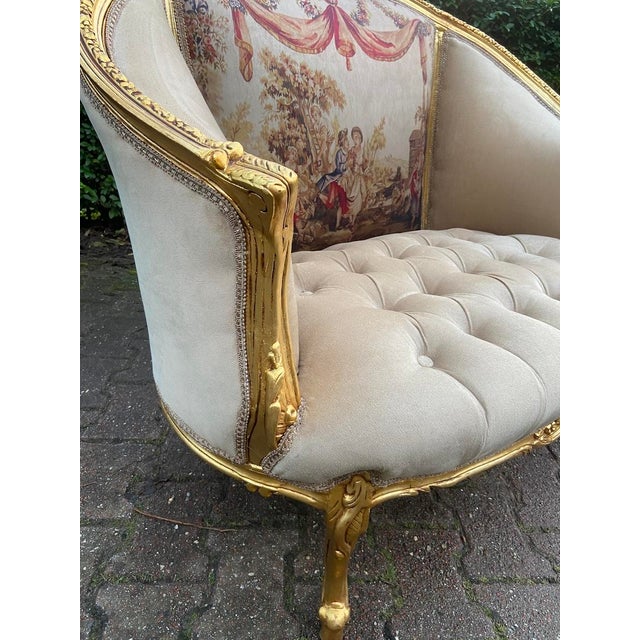 c.1900 French Marquise Gold Beech Velvet Loveseat For Sale - Image 4 of 13