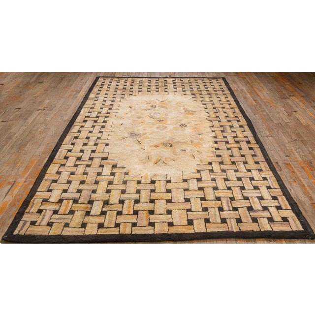 American Hooked Wool Allover Floral 1880s Antique Ivory Beige Cream White Rug, Circa Date: 1880s. This exceptional textile...