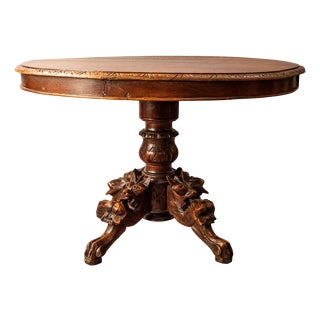 Antique Round Extendable Hunting Table with Carvings For Sale