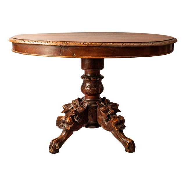 Antique Round Extendable Hunting Table with Carvings For Sale