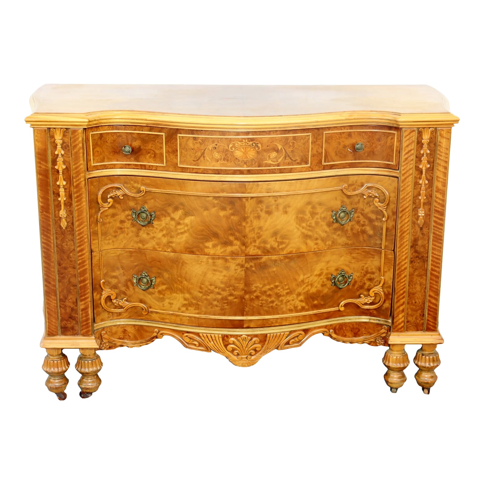 Antique Burl Wood Serpentine-Front Dresser With Floral Inlay and Carved Details — view 11