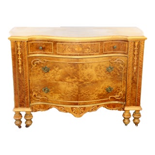Antique Burl Wood Serpentine-Front Dresser With Floral Inlay and Carved Details For Sale