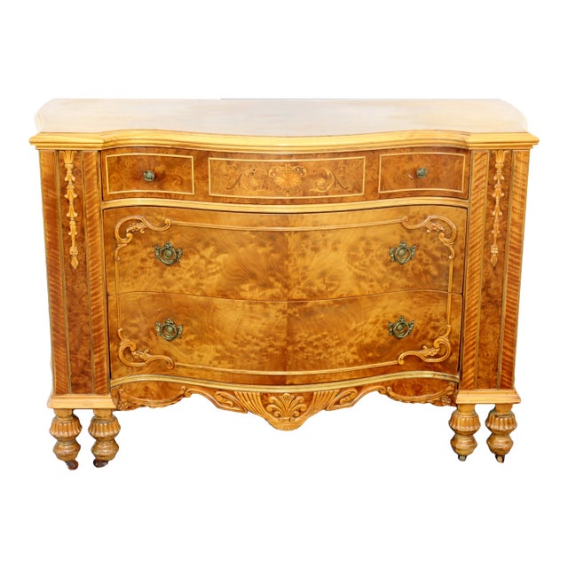 Antique Burl Wood Serpentine-Front Dresser With Floral Inlay and Carved Details For Sale