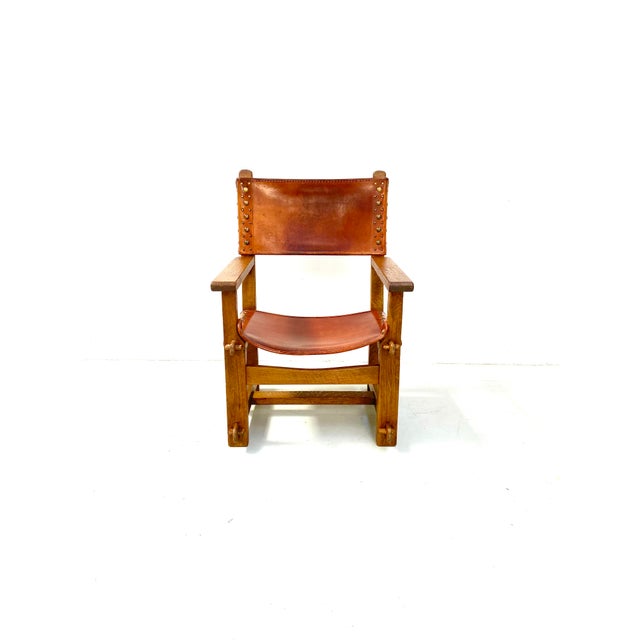 Vintage French Brutalist Castle Armchair in Oak and Cognac Leather, 1920s For Sale - Image 10 of 16