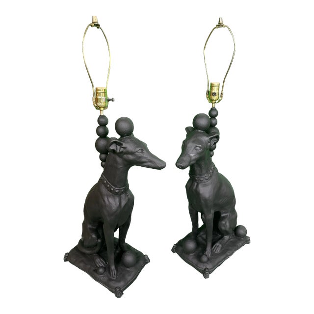 1990s Contemporary Pair of Black Whippet Dog Lamps For Sale