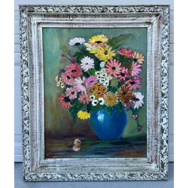 Original Adèle Goodman Clark Oil Painting – Floral Still Life with Blue Vase and flower stem ( Framed 25"x 21") Creator:...