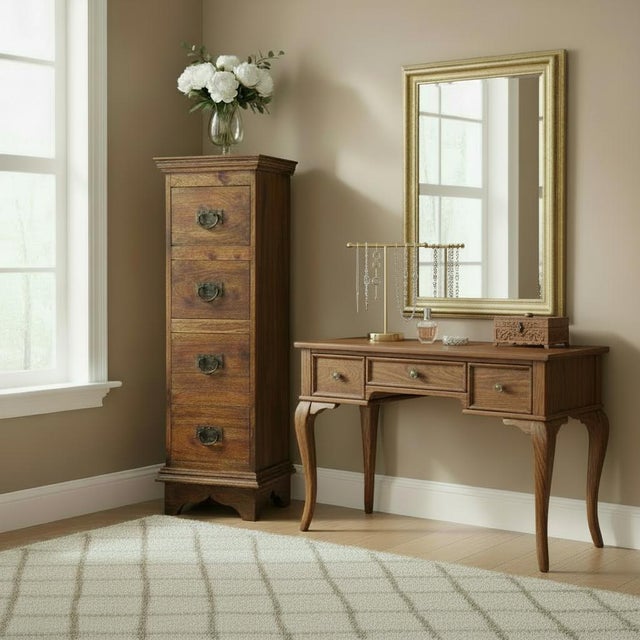 Dimensions: 16" W x 16" D x 51" H Slim, tall, and beautifully crafted — this vintage teak wood chest of drawers is the...