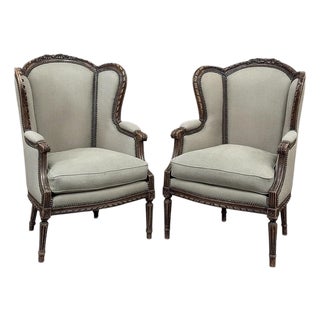 Pair Antique Louis XVI Style French Bergères ~ Armchairs in Walnut For Sale