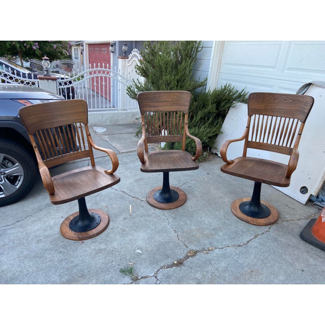 Antique Oak Courtroom Juror Chairs Set of 3 Cast Iron Base Early 1900s For Sale - Image 17 of 18