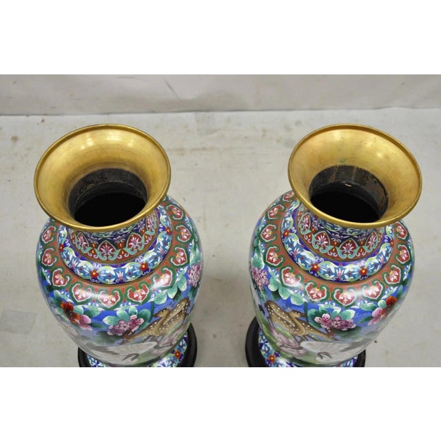 Vintage Chinese Cloisonné Porcelain Enamel Figural Crane and Deer Vase - A Pair For Sale - Image 10 of 11