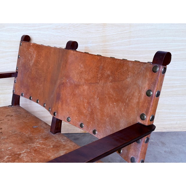 Walnut Leather Brown Spanish Sofa, Bench 18th Century Baroque Cordoba Ironwork For Sale - Image 10 of 18