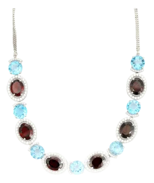 Victorian Oval Blue Topaz & Garnet Necklace With Zirconia Set in 925 Silver- Anniversary Gift