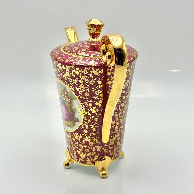 Red Vintage Ruby Red Porcelain Coffee Service with Gilt Romantic Fragonard Scene from Limoges, 1970s, Set of 13 For Sale - Image 8 of 18