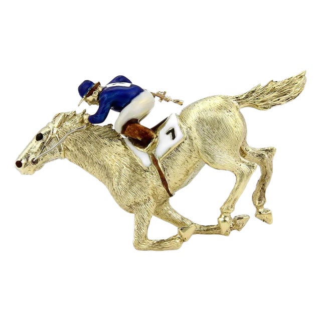 Late 20th Century Martine Enamel Jockey & Race Horse Large 18k Yellow Gold Brooch Pin For Sale