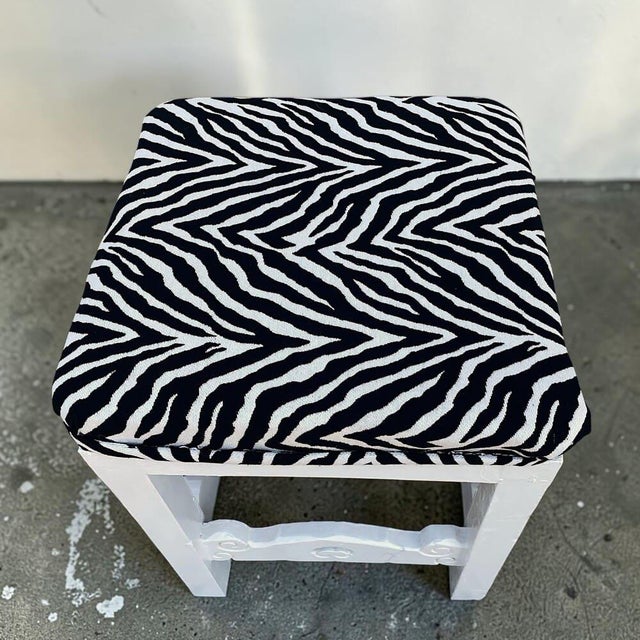 Wood Vintage Portuguese Rustic Wood Stool White with Zebra Fabric Upholstery, 1940s For Sale - Image 7 of 18