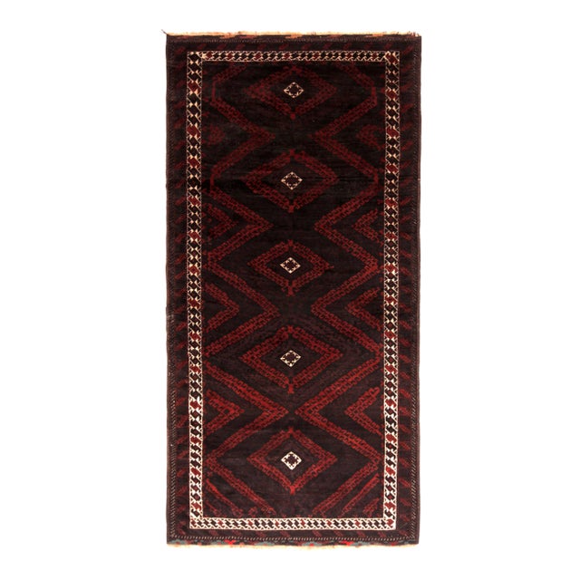Hand-Knotted Vintage Baluch Rug Brown Red Mid-Century Persian Tribal Pattern For Sale