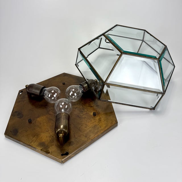1980s Large Beveled Cut Glass and Bronze Flush Mount, 1890s For Sale - Image 5 of 7