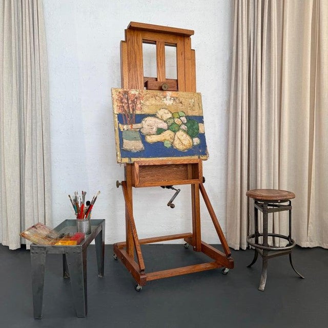 Tan 1940s Large Industrial Adjustable Oak Artist Easel by e.h. & a.c. Friedrichs Co. For Sale - Image 8 of 13