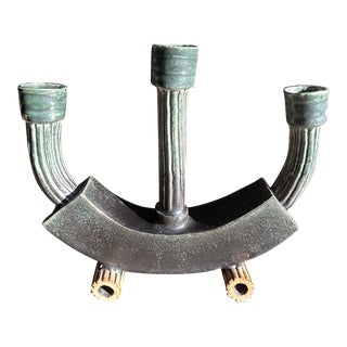 Drip Glazed Studio Art Pottery 3 Light Candle Holder/Candelabra Interesting Mid Century Artistry For Sale