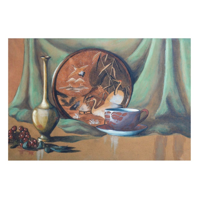 Elegant mid-century watercolor still-life with grapes, a vase, and fine china depicting three cranes by Laurelda Cecille...