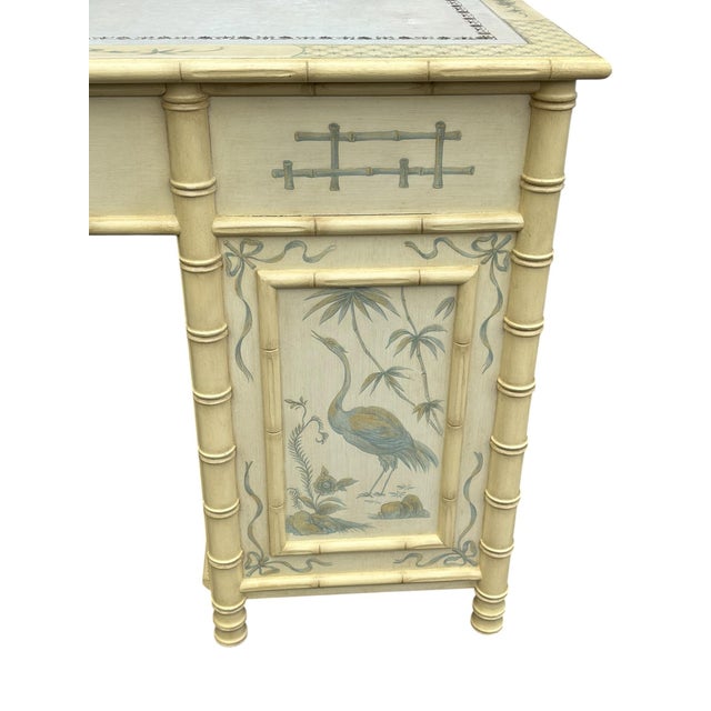 Late 20th Century Faux Bamboo Hand Painted Blue and Creme Chinoiserie Desk For Sale - Image 5 of 12