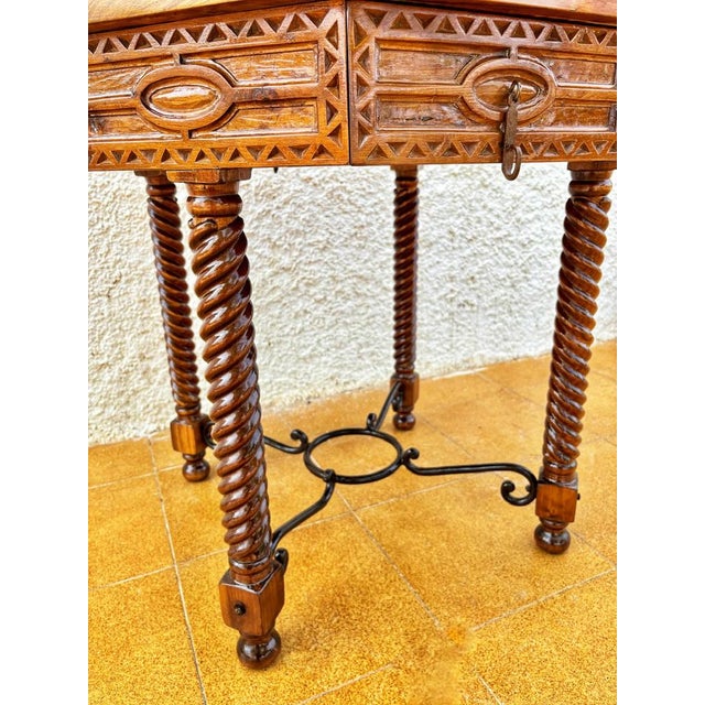 Antique Octogonal Burnt Oak Inlaid Games Table with Two Drawers and Turned Legs, 1920s For Sale - Image 14 of 18